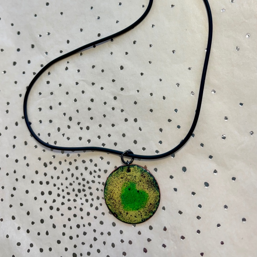 Handmade Yellow Enamel Pendant with Green Heart on Black Cord